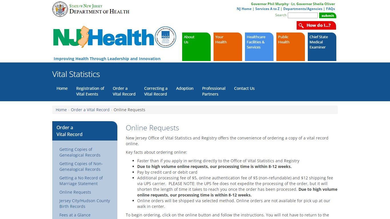 Department of Health | Vital Statistics | Online Requests